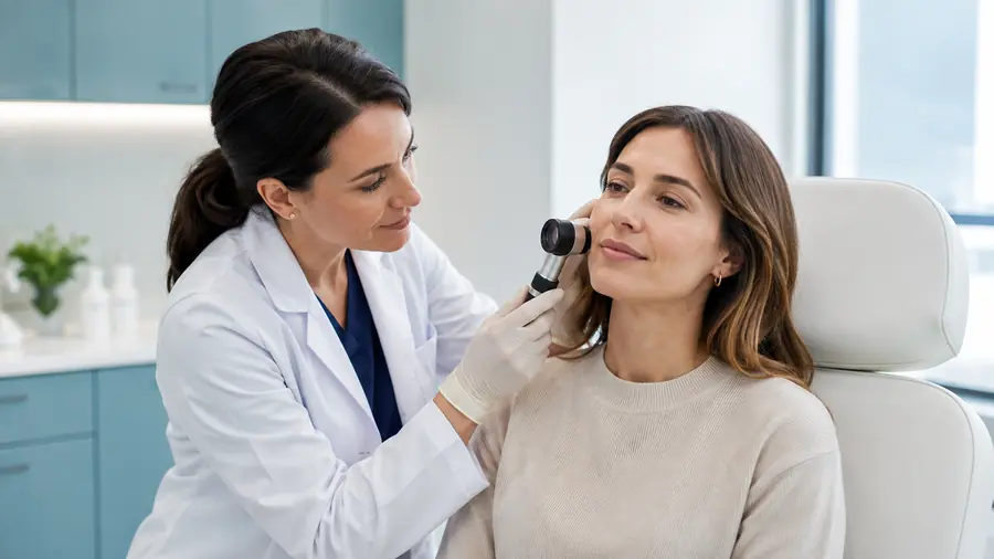 Dermatologist examining a patient’s facial skin