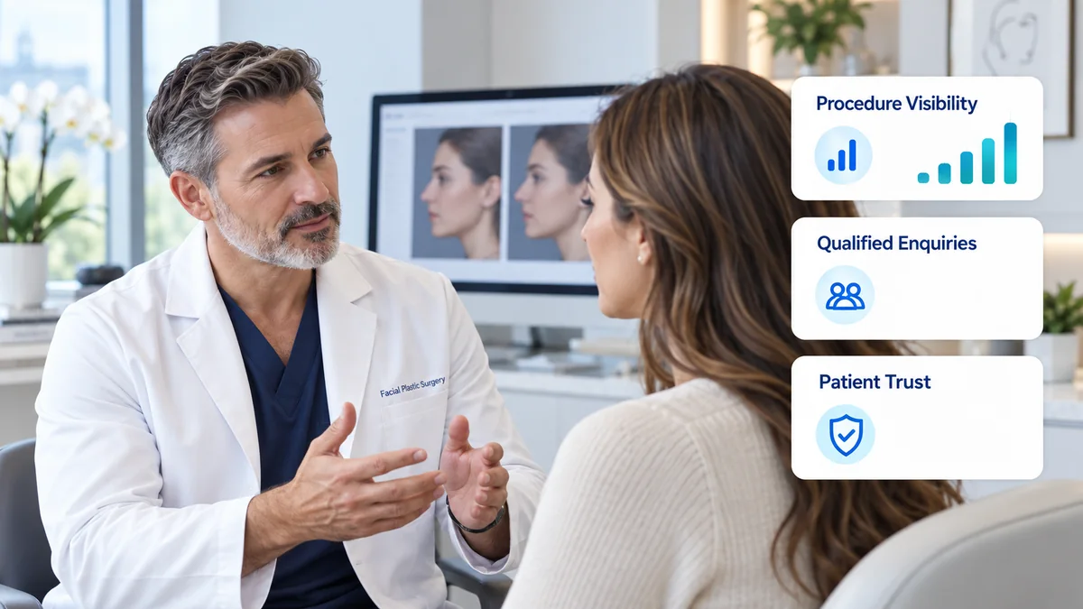 Facial plastic surgeon consulting with a patient beside graphics for procedure visibility, qualified enquiries, and patient trust.