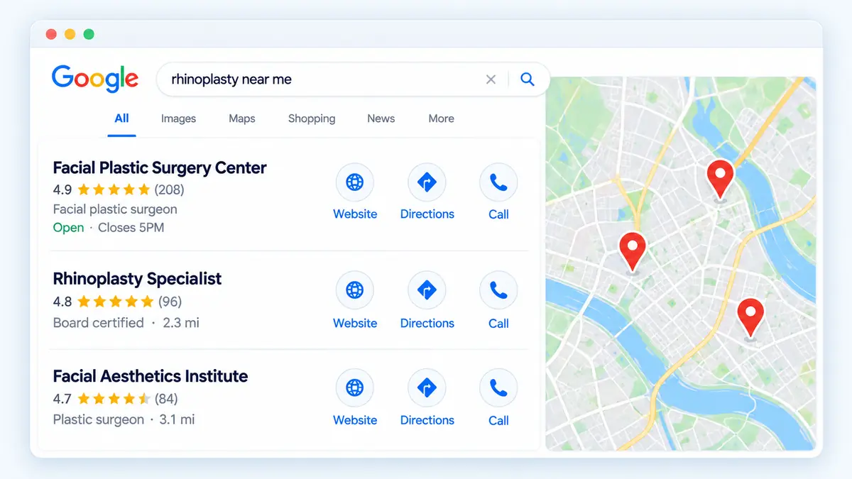Local search results and map showing facial plastic surgery practices for a rhinoplasty search.