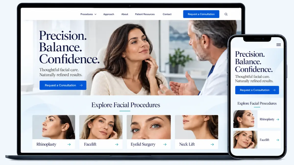 Responsive facial plastic surgery website displayed on a laptop and mobile phone with procedure navigation.