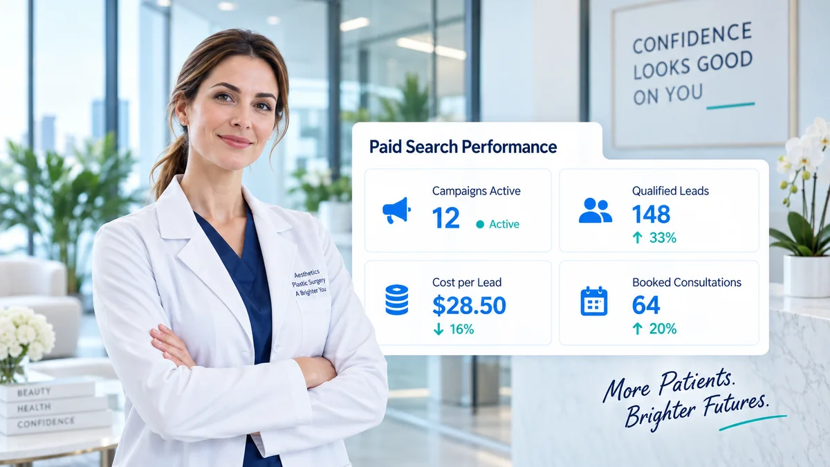 Plastic surgeon beside a paid search performance dashboard showing campaigns, qualified leads, cost per lead, and booked consultations.
