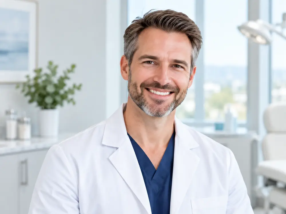 Male plastic surgeon smiling in a modern consultation room