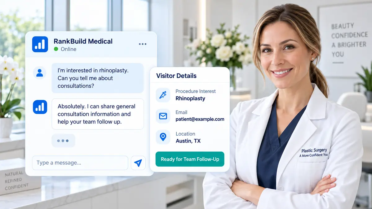 Plastic surgeon beside a live chat interface showing a rhinoplasty enquiry, visitor details, and team follow-up status
