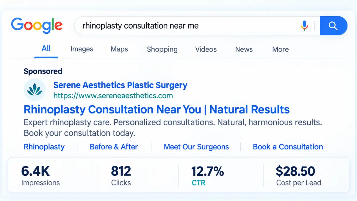 Plastic surgery PPC search advertisement showing rhinoplasty campaign impressions, clicks, CTR, and cost per lead.