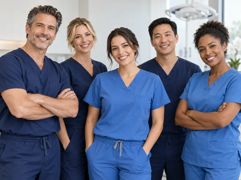 Plastic surgery medical team wearing coordinated blue scrubs