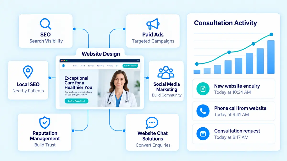 Connected healthcare marketing capabilities dashboard showing website design, SEO, paid ads, local SEO, social media, reputation management and website chat
