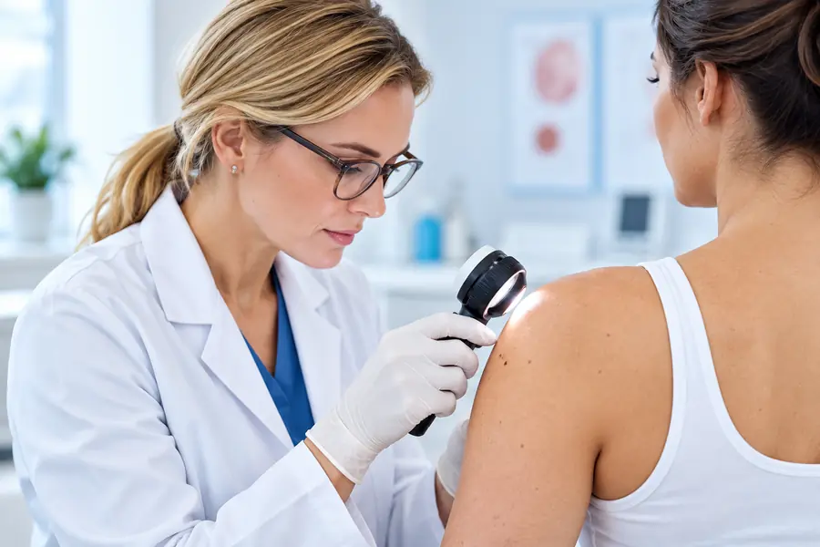 Dermatologist examining a patient’s skin with a dermatoscope