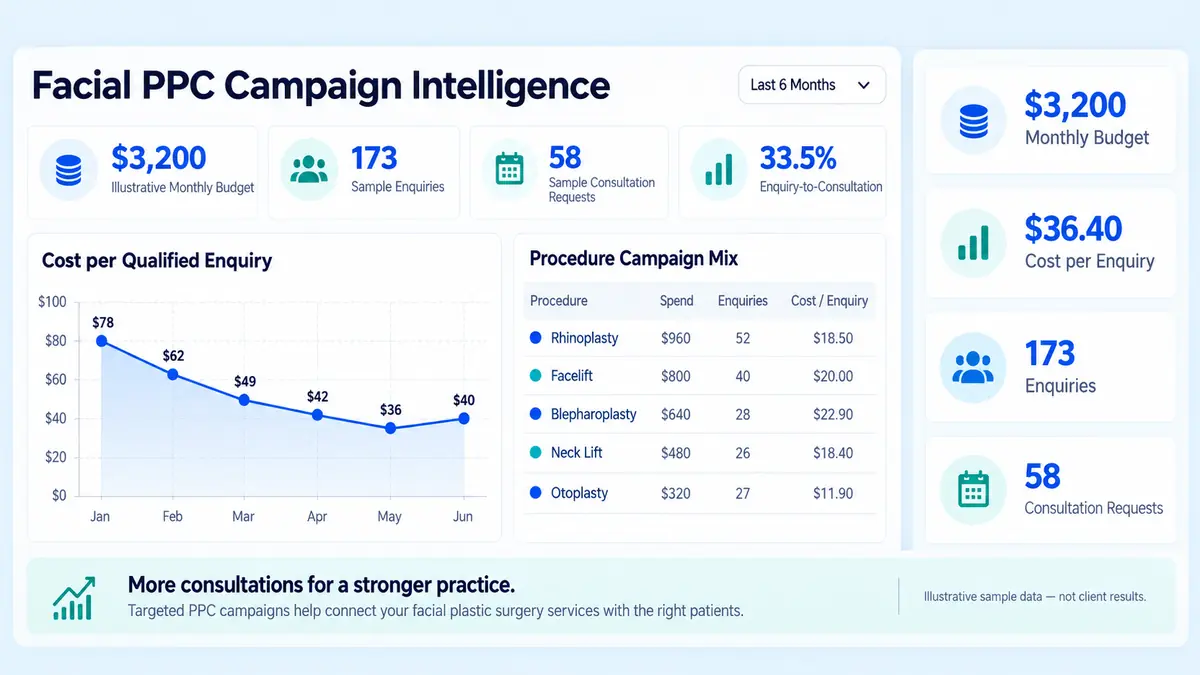 Illustrative facial plastic surgery PPC dashboard showing campaign costs, procedure enquiries, consultation requests, and performance trends.