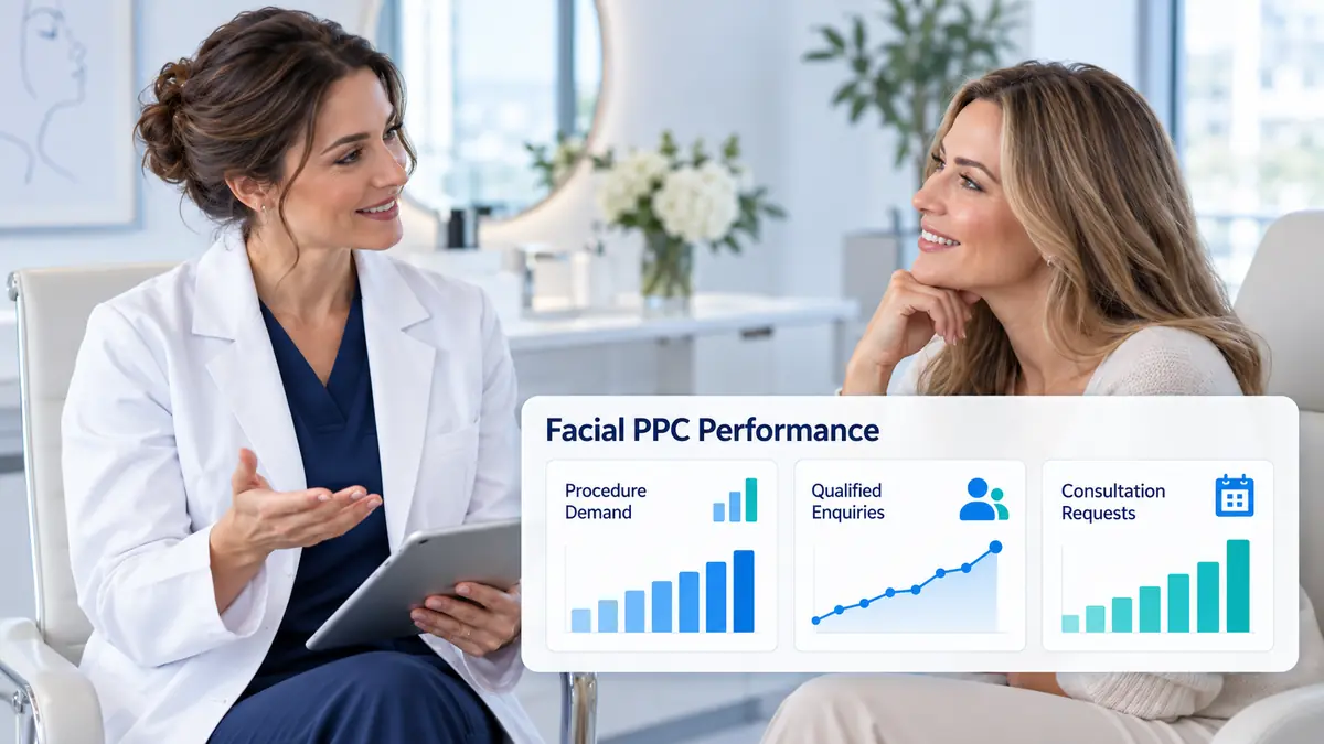Facial plastic surgeon consulting with a patient beside a PPC dashboard showing procedure demand, qualified enquiries, and consultation requests.