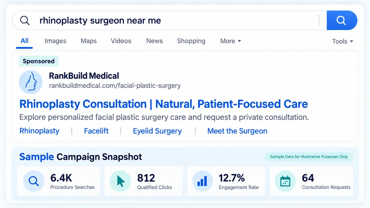Sample facial plastic surgery PPC search result with procedure searches, qualified clicks, engagement rate, and consultation requests.