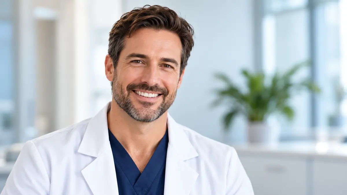 Smiling facial plastic surgeon in a white coat and navy scrubs inside a bright modern clinic.