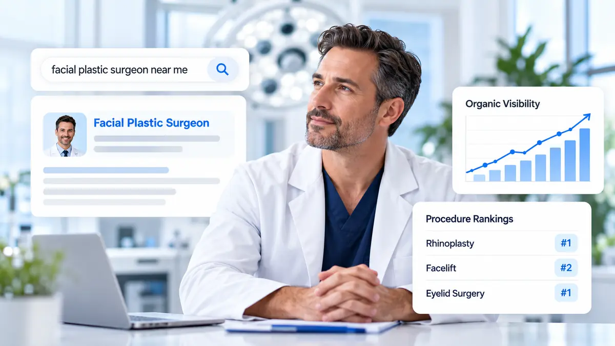 Facial plastic surgeon with search results, organic visibility chart and procedure-ranking dashboard.