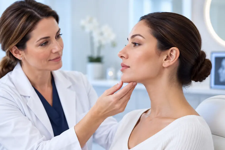 Facial plastic surgeon assessing a patient during a cosmetic consultation