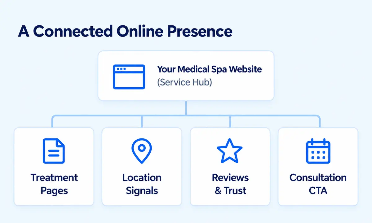 Medical spa website hub connecting treatment pages, location signals, patient reviews, and consultation calls to action