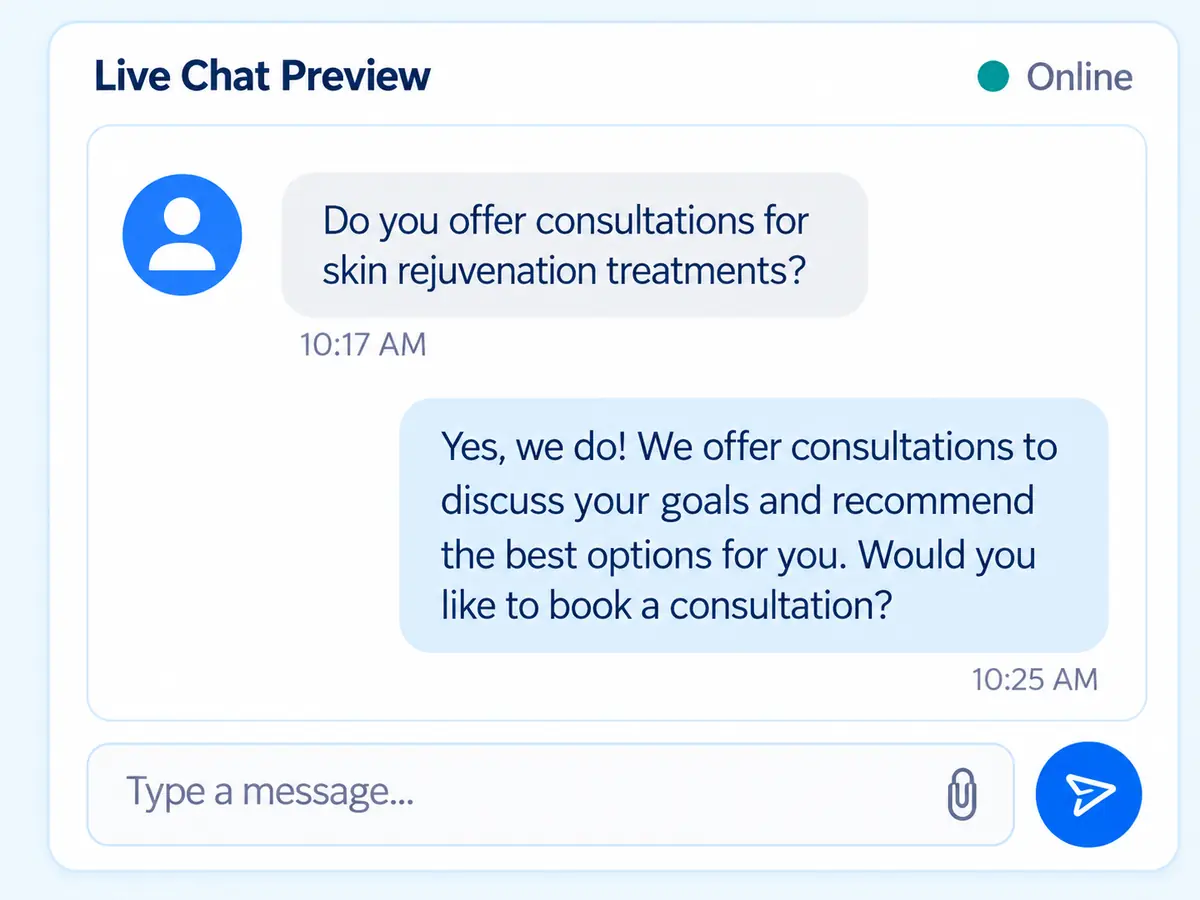 Medical spa live chat answering a visitor’s skin rejuvenation consultation question