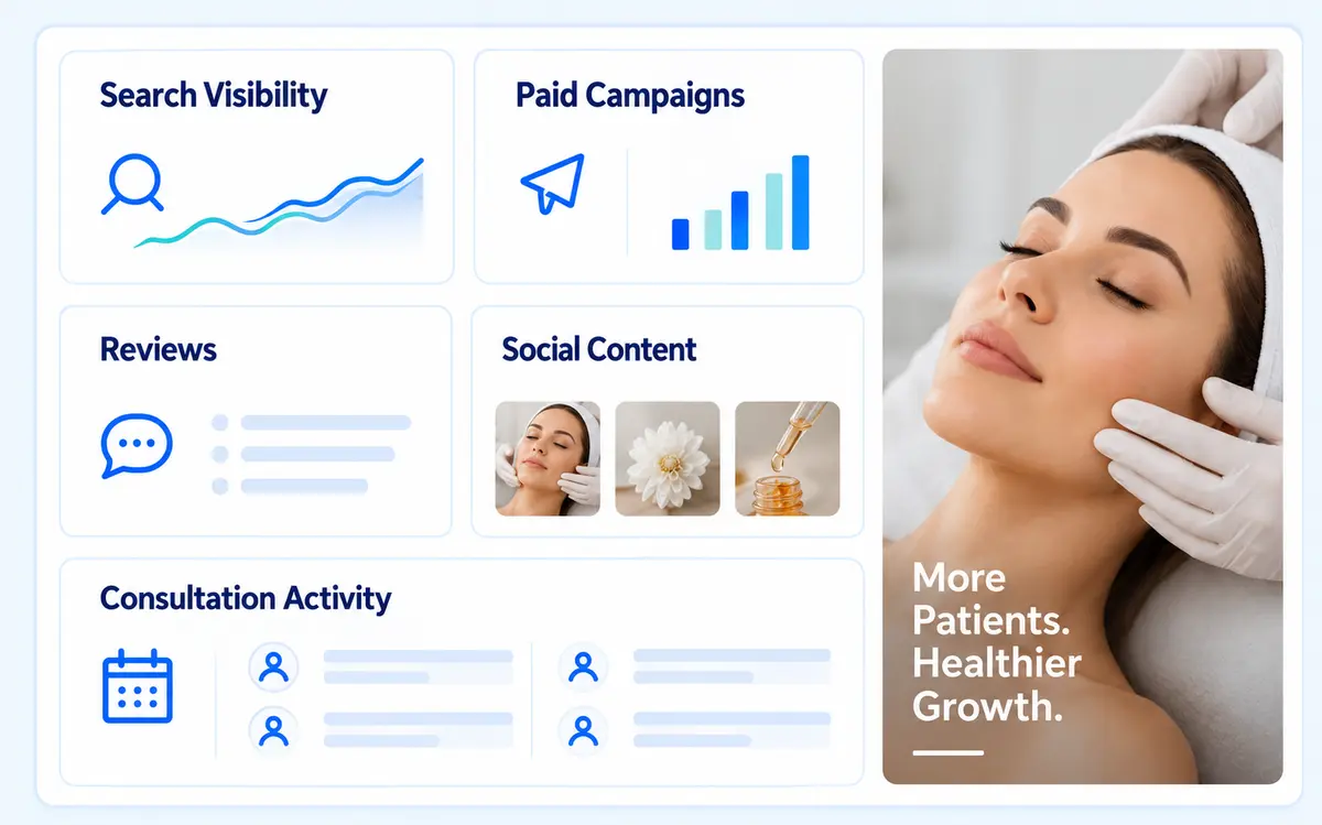 Medical spa marketing dashboard showing search visibility, paid campaigns, reviews, social content, and consultation activity
