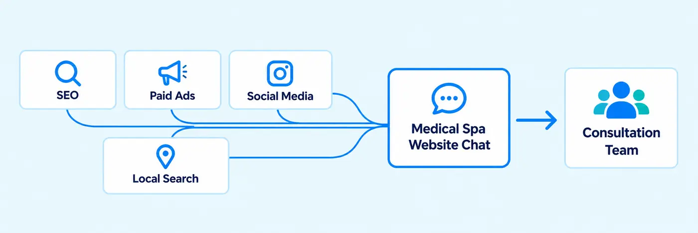 SEO, paid ads, social media and local search connecting website visitors to medical spa chat and the consultation team