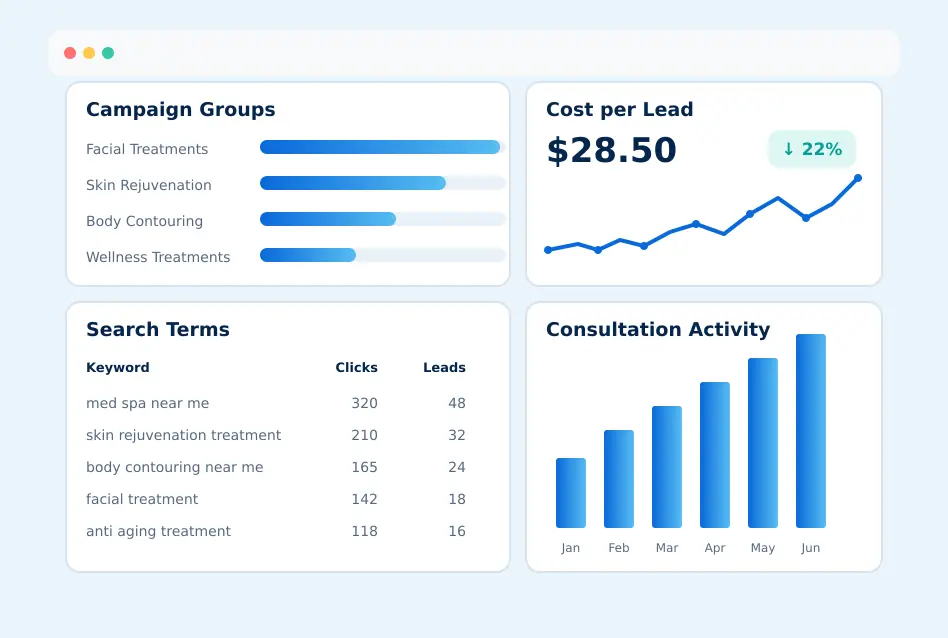Medical spa PPC campaign performance dashboard showing keywords, cost per lead and consultation activity