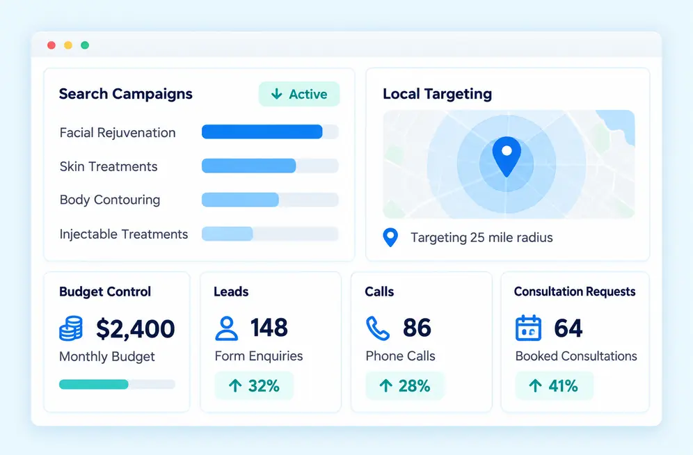 Medical spa PPC dashboard showing search campaigns, local targeting, leads, calls, and consultation requests