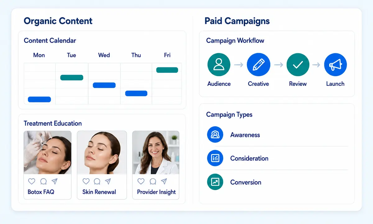 Medical spa social media dashboard showing organic content planning and paid campaign workflows