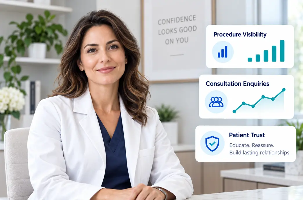 Plastic surgeon with dashboard cards showing procedure visibility, consultation enquiries and patient trust