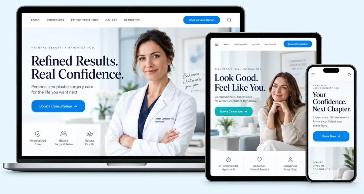 Responsive plastic surgery website displayed across laptop, tablet and mobile devices