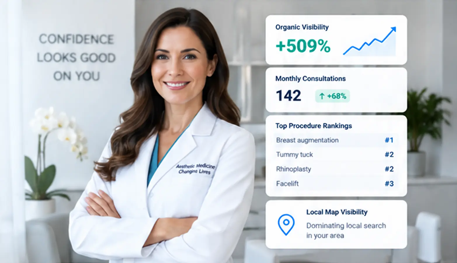 Plastic surgeon with SEO performance metrics showing organic visibility, procedure rankings, and consultation growth.