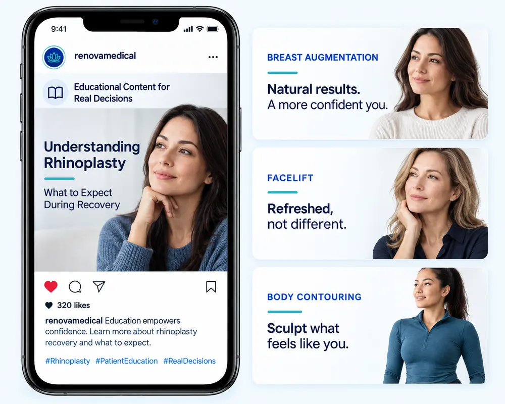 Plastic surgery educational social media posts displayed on a smartphone and procedure cards