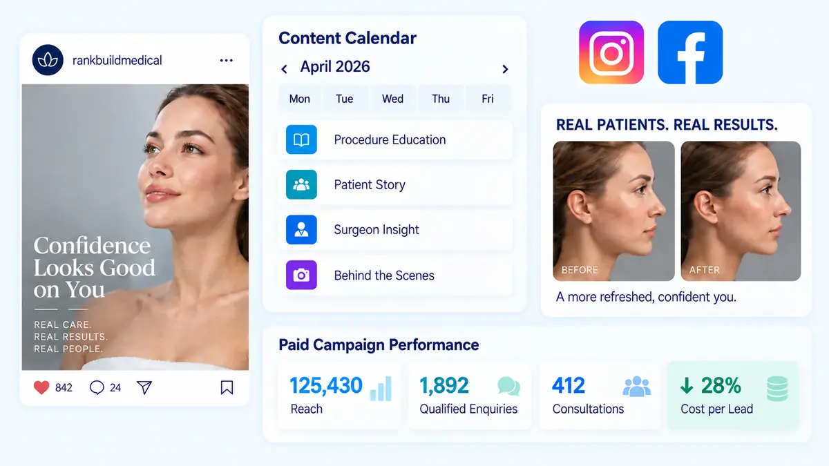 Plastic surgery social media content calendar and paid campaign performance dashboard