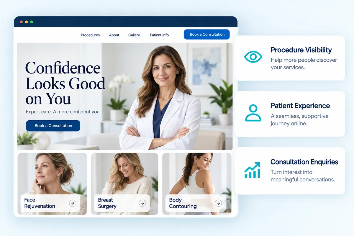 Plastic surgery website design featuring procedure pages, patient experience and consultation enquiries