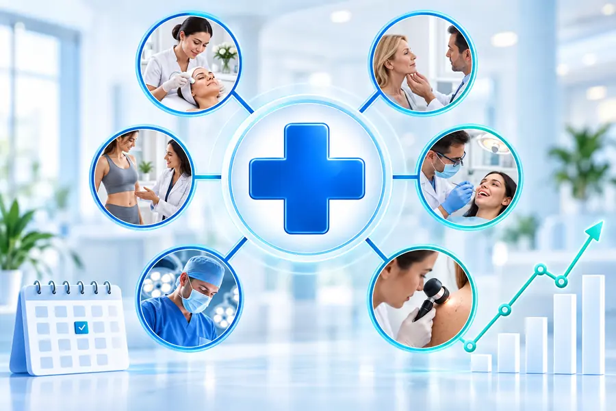 Connected healthcare specialties network featuring medical spa, facial aesthetics, body contouring, dentistry, plastic surgery, and dermatology.