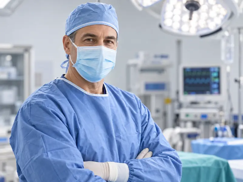 Experienced plastic surgeon standing in a modern surgical suite