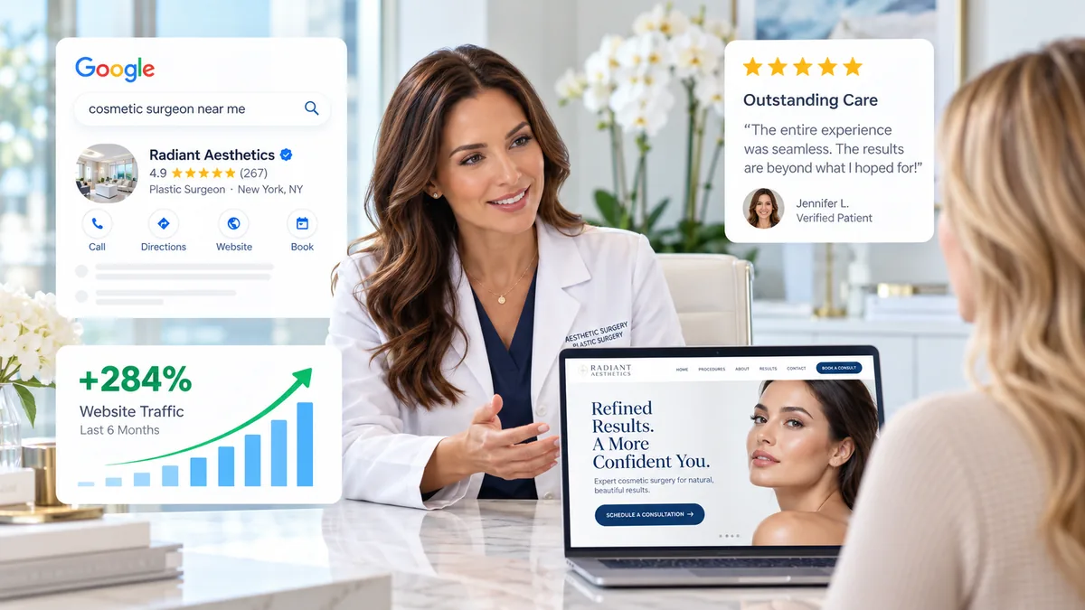 Cosmetic surgeon consulting with a patient alongside digital marketing, search visibility, and website analytics graphics.