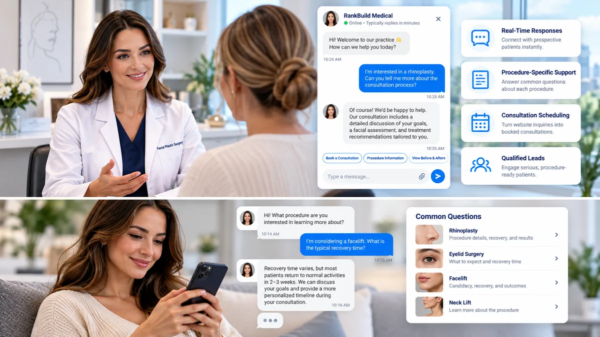 Prospective facial plastic surgery patient using a smartphone to ask procedure questions through a live chat service.