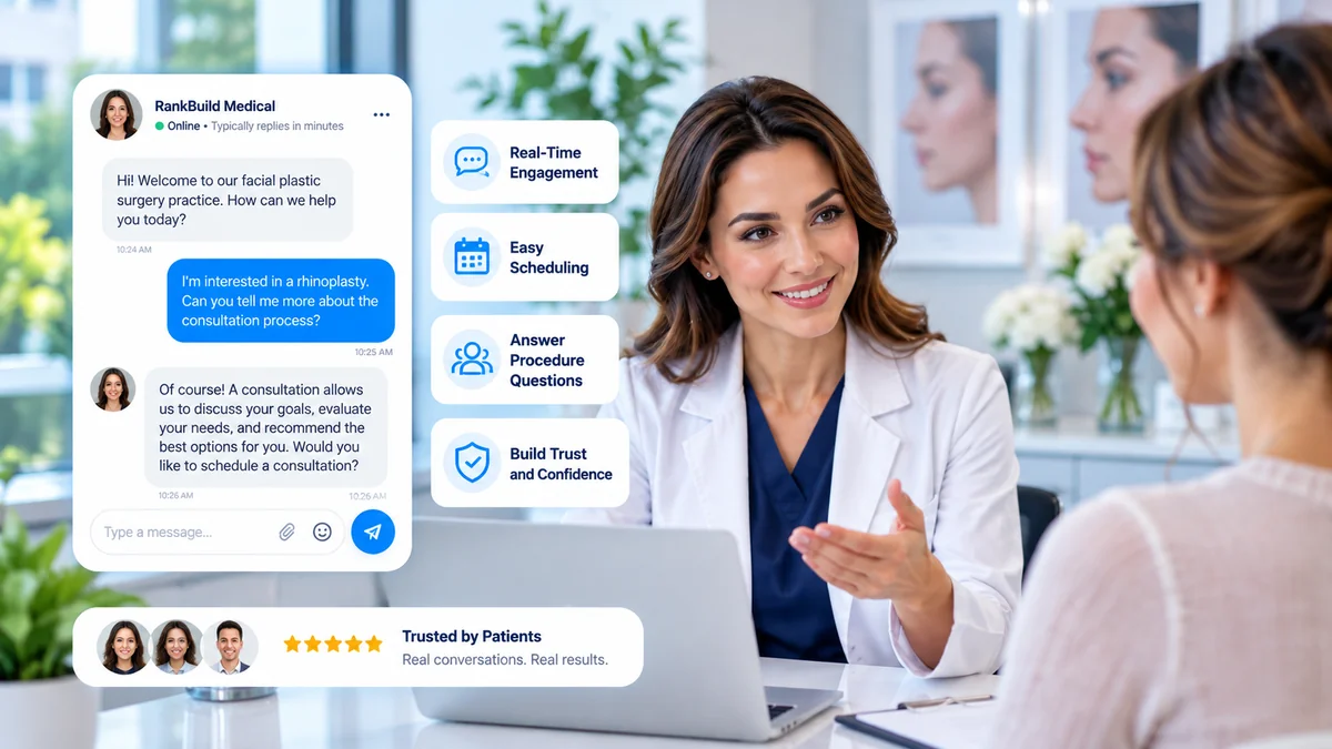 Facial plastic surgery patient speaking with a clinic representative, with a live chat interface showing consultation inquiries.