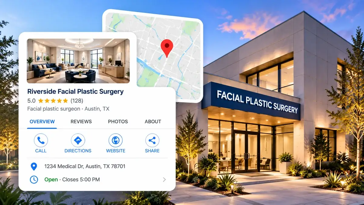 Modern facial plastic surgery clinic with Google Business Profile and location map.
