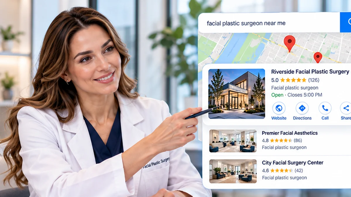 Facial plastic surgeon discussing treatment options with a patient alongside an illustrative local search results map.
