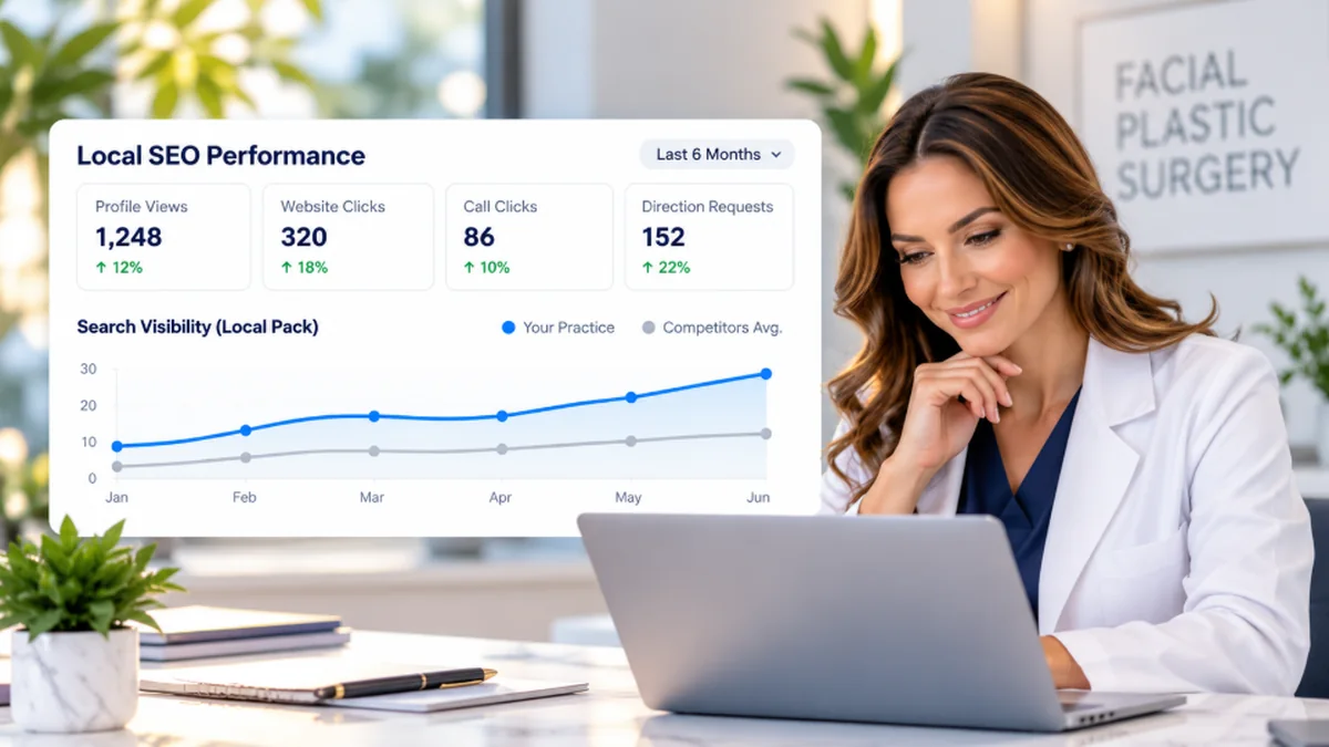 Facial plastic surgery local SEO dashboard showing profile views, website clicks, and search visibility trends. Copy Alt Text