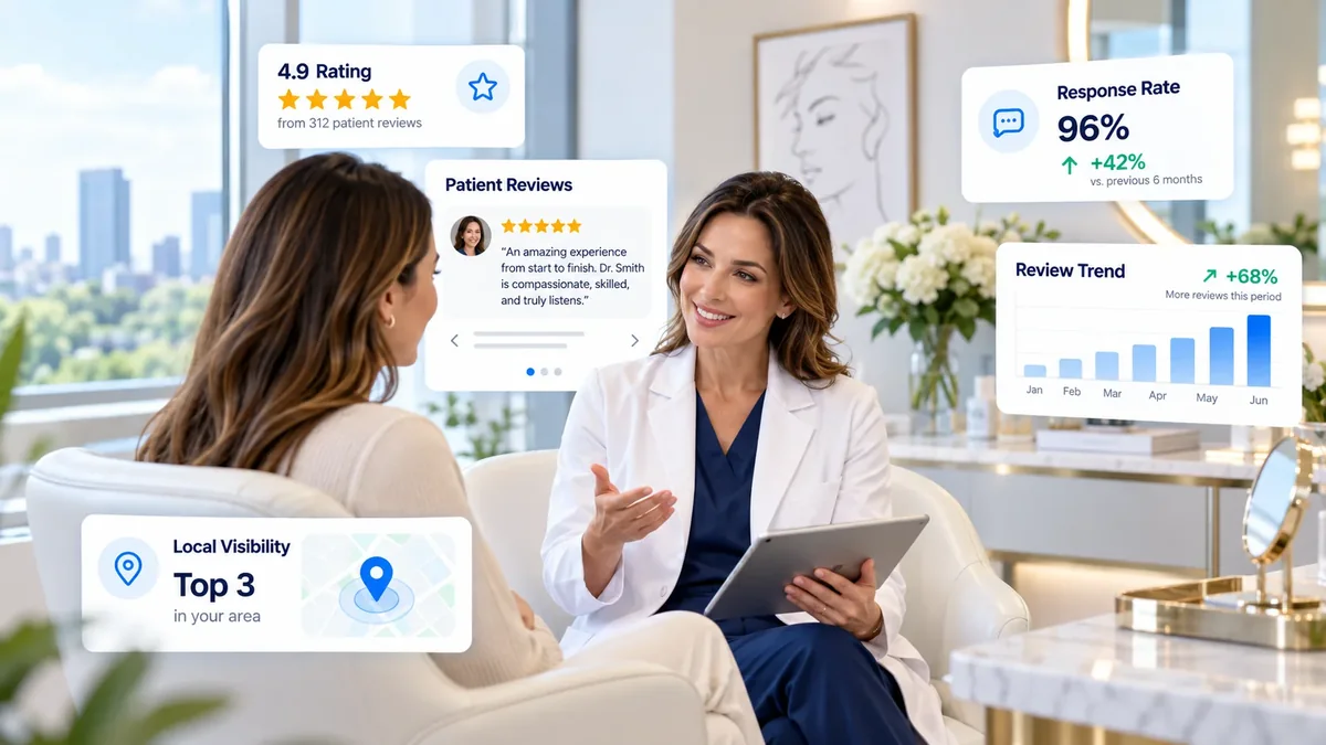 Facial plastic surgeon consulting with a patient, with digital review ratings and reputation management graphics.