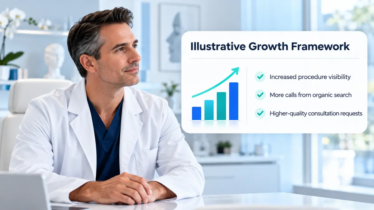 Facial plastic surgeon beside an organic SEO growth framework showing increased visibility, calls, and consultation requests.