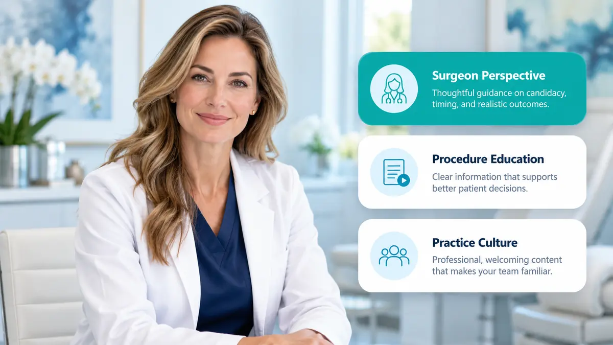Facial plastic surgeon with social media content cards for surgeon expertise, procedure education, and practice culture.