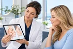 Doctor explaining facial procedure options to a patient using a tablet.