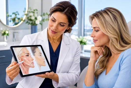 Doctor explaining aesthetic treatment options to a patient during a consultation.